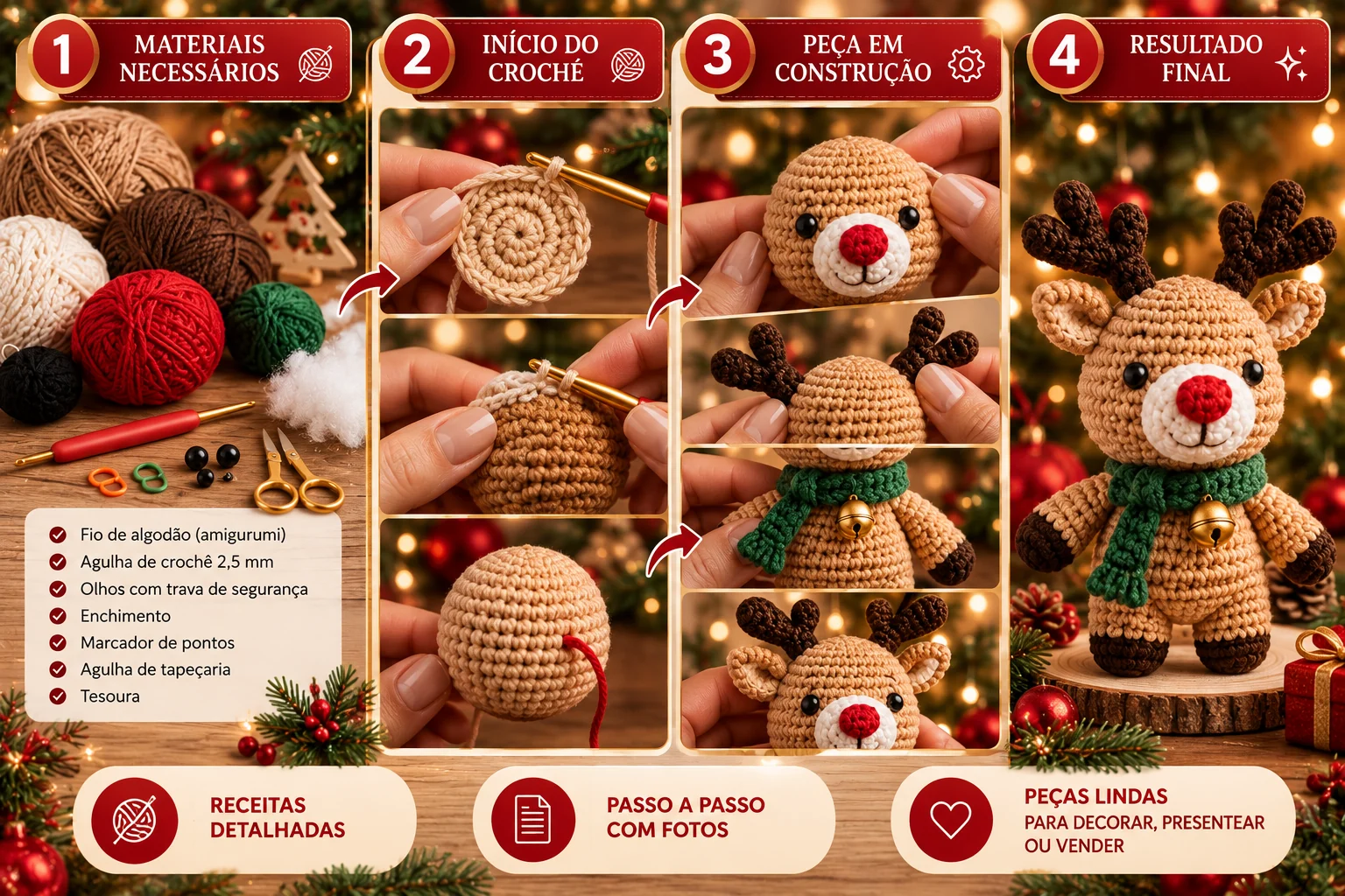Passo a passo do amigurumi de rena natalina, dos materiais ao resultado final