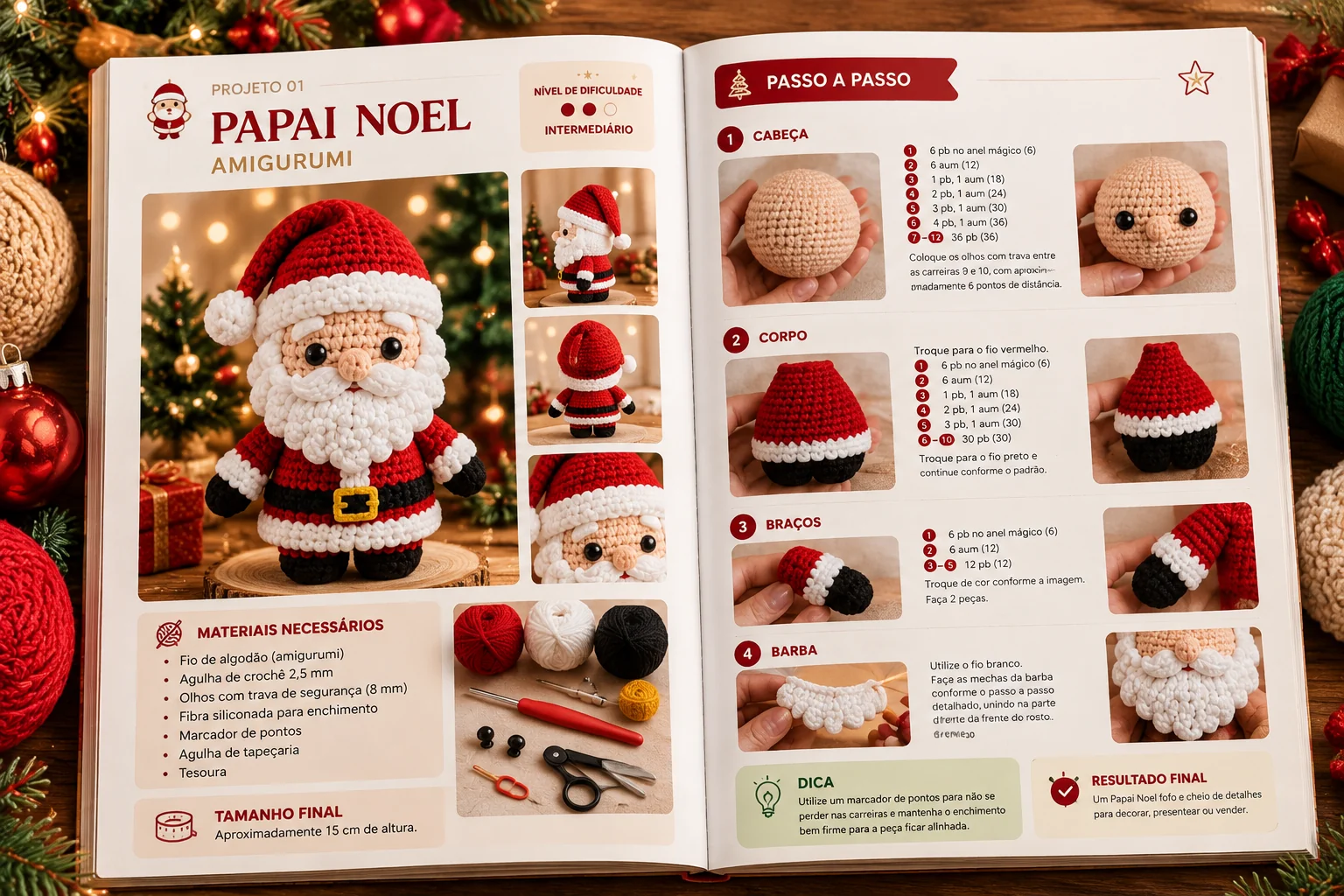 Projeto de Papai Noel em crochê aberto, com materiais e instruções passo a passo